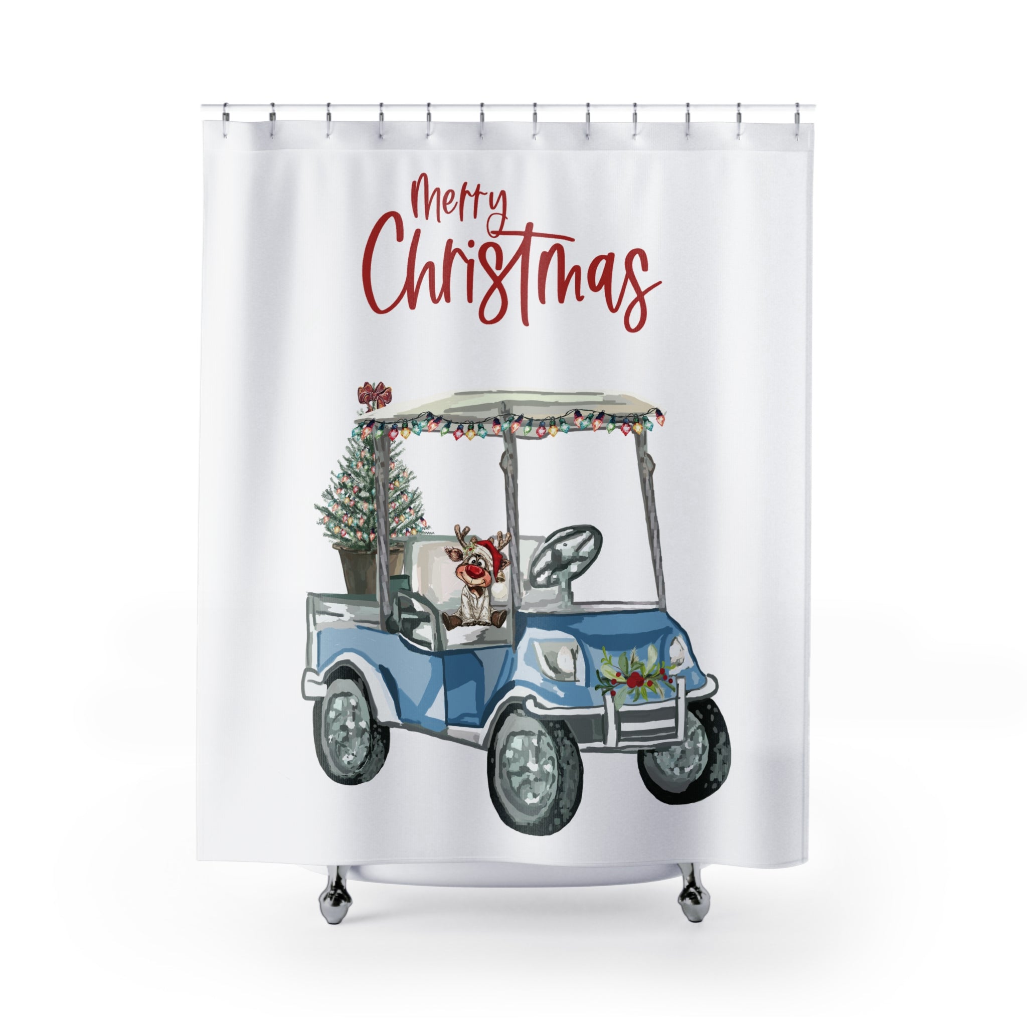 Christmas Golf Cart Shower Curtain — Festive Holiday Bathroom Decor