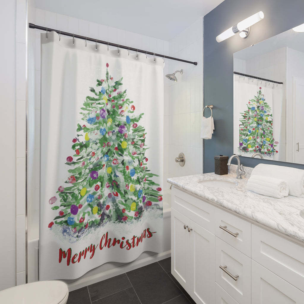 Watercolor Merry Christmas Tree Shower Curtain