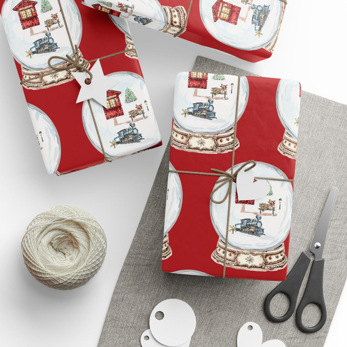 Festive Train Ride Holiday Wrapping Paper with Snow Globe Design
