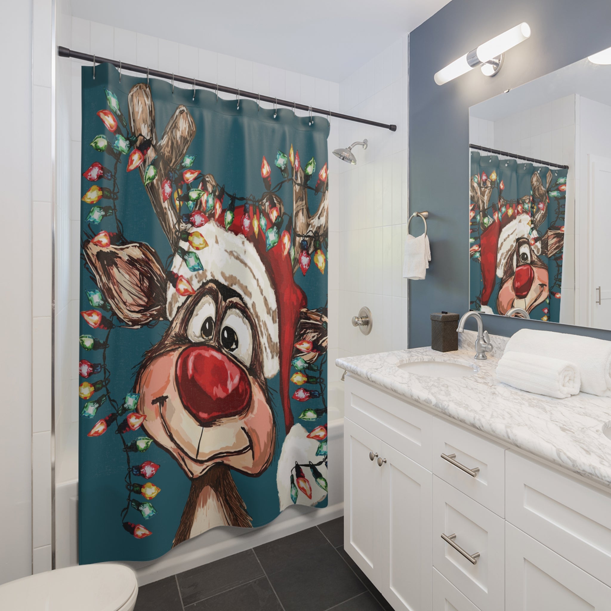 Christmas Reindeer Shower Curtain – Festive Bathroom Décor