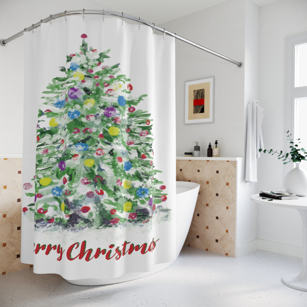 Watercolor Merry Christmas Tree Shower Curtain