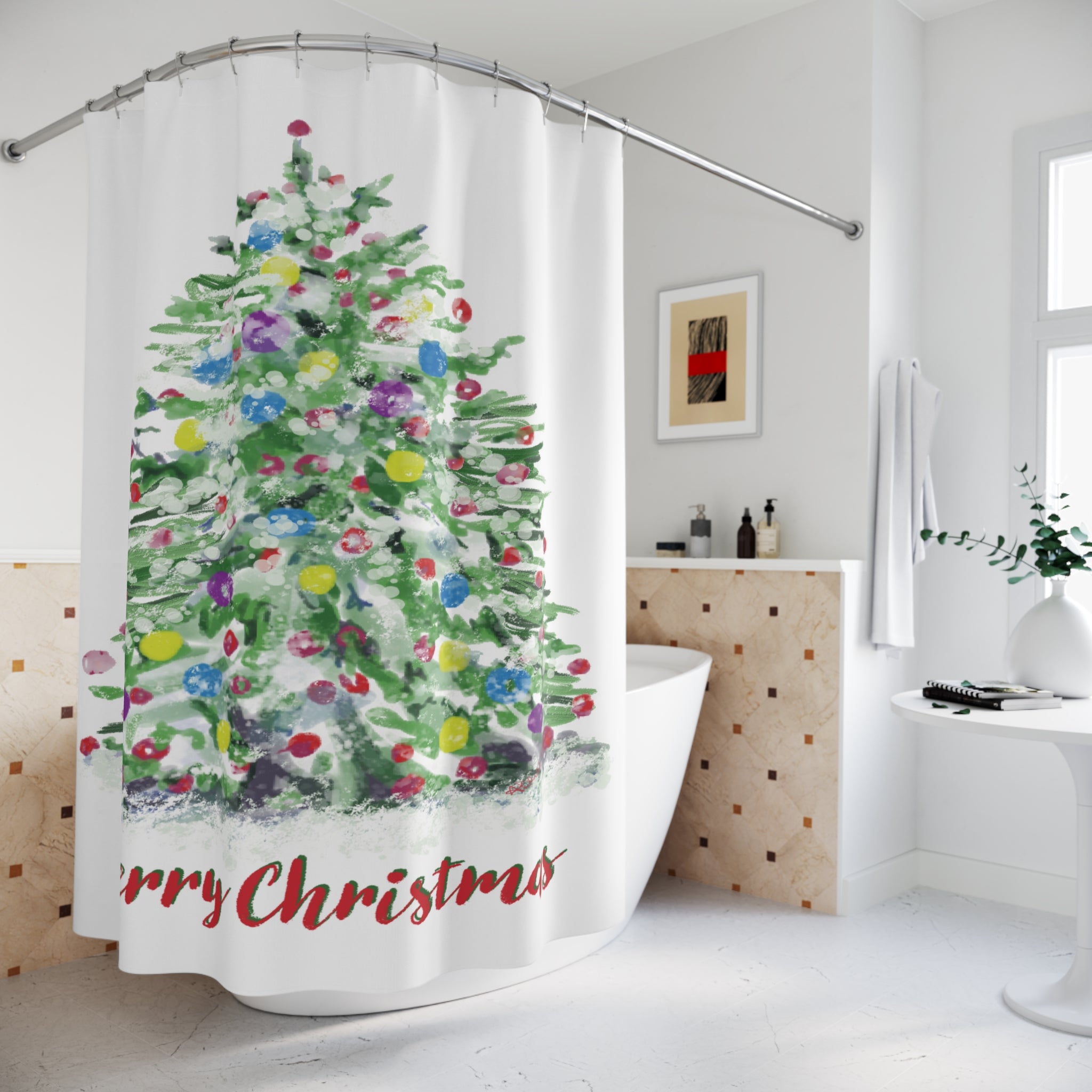 Watercolor Merry Christmas Tree Shower Curtain