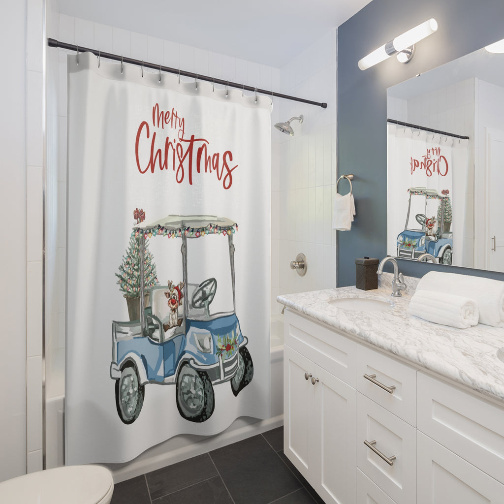 Christmas Golf Cart Shower Curtain — Festive Holiday Bathroom Decor