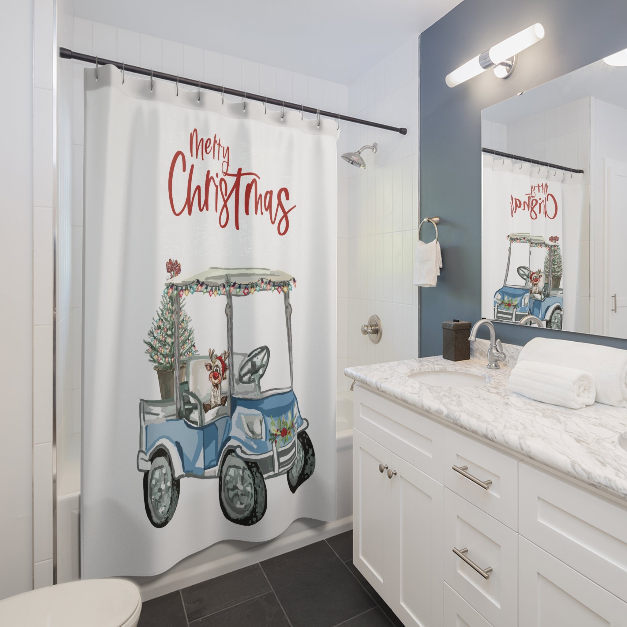 Christmas Golf Cart Shower Curtain — Festive Holiday Bathroom Decor
