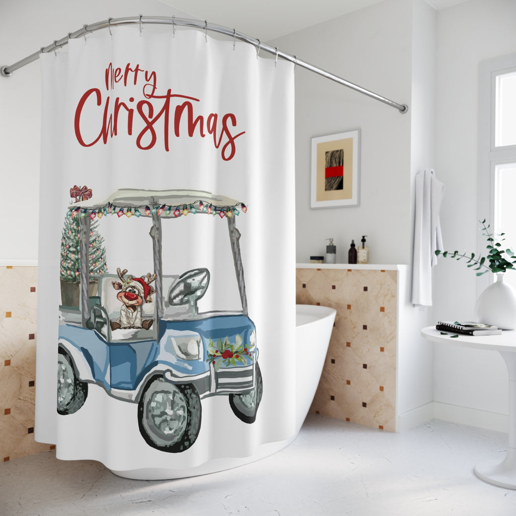 Christmas Golf Cart Shower Curtain — Festive Holiday Bathroom Decor