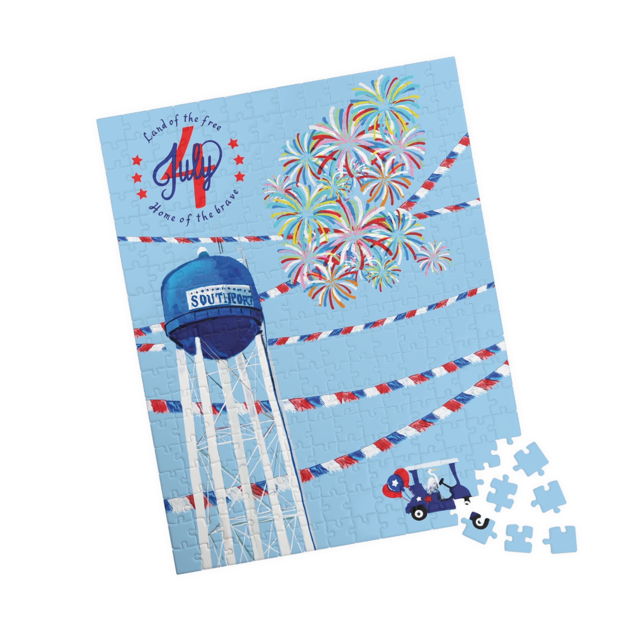 4th of July Fireworks Town Water Tower Jigsaw Puzzle (110–1014 pcs) - Blue Cava