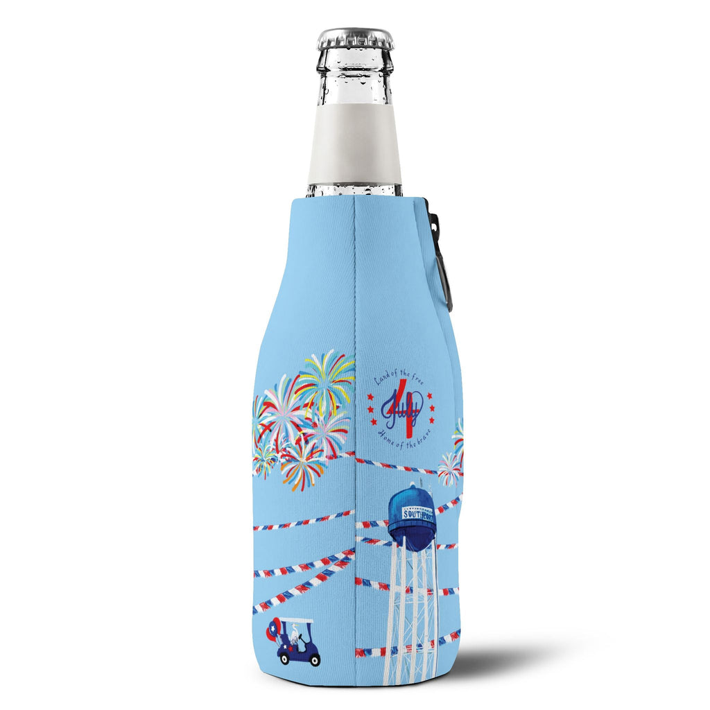 4th of July Zip - Up Bottle Cooler Sleeve — Fireworks & Water Tower Design - Blue Cava
