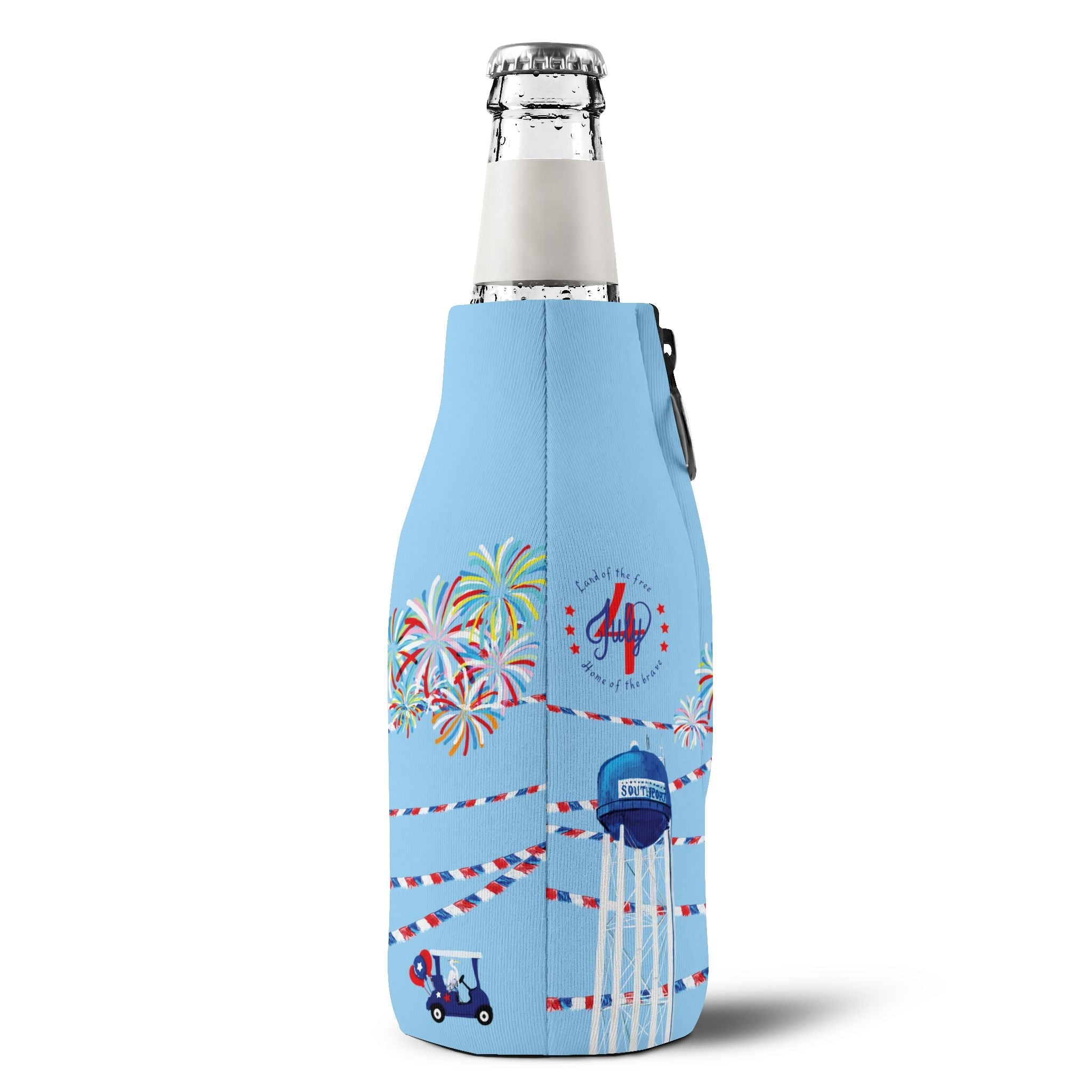 4th of July Zip - Up Bottle Cooler Sleeve — Fireworks & Water Tower Design - Blue Cava