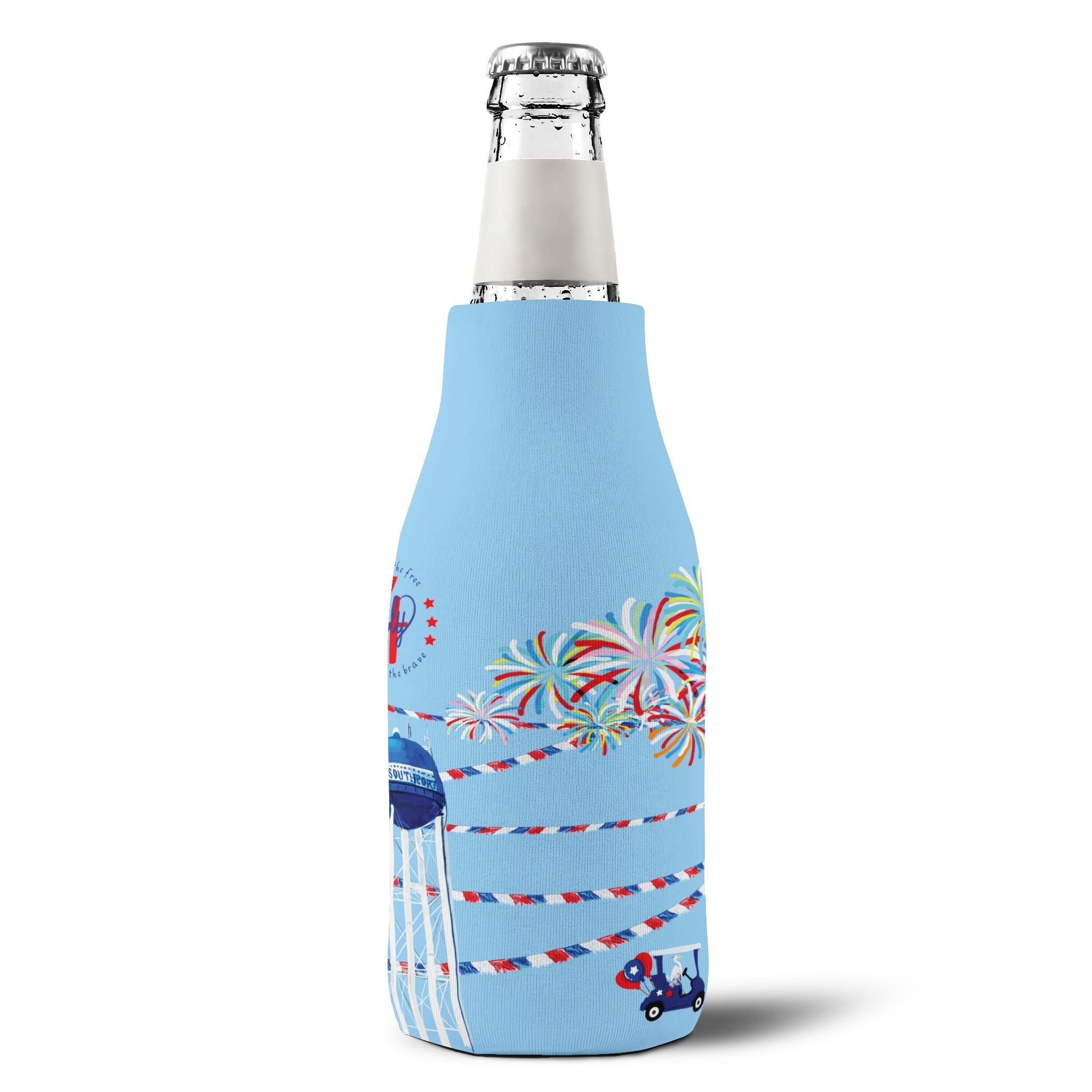 4th of July Zip - Up Bottle Cooler Sleeve — Fireworks & Water Tower Design - Blue Cava