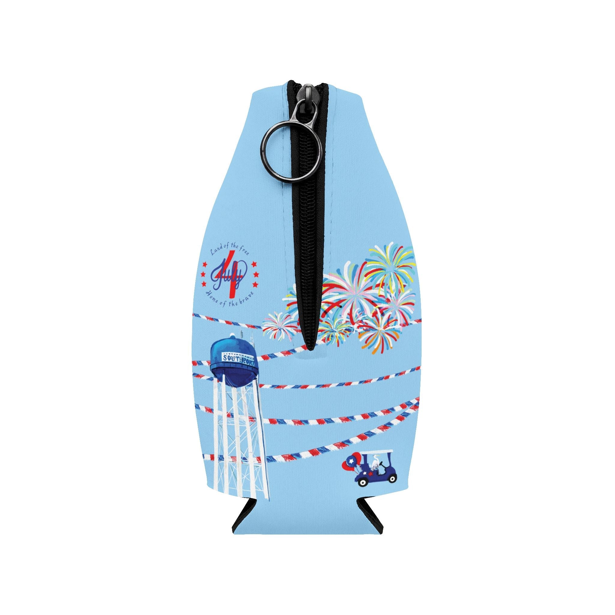 4th of July Zip - Up Bottle Cooler Sleeve — Fireworks & Water Tower Design - Blue Cava
