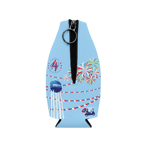 4th of July Zip - Up Bottle Cooler Sleeve — Fireworks & Water Tower Design - Blue Cava