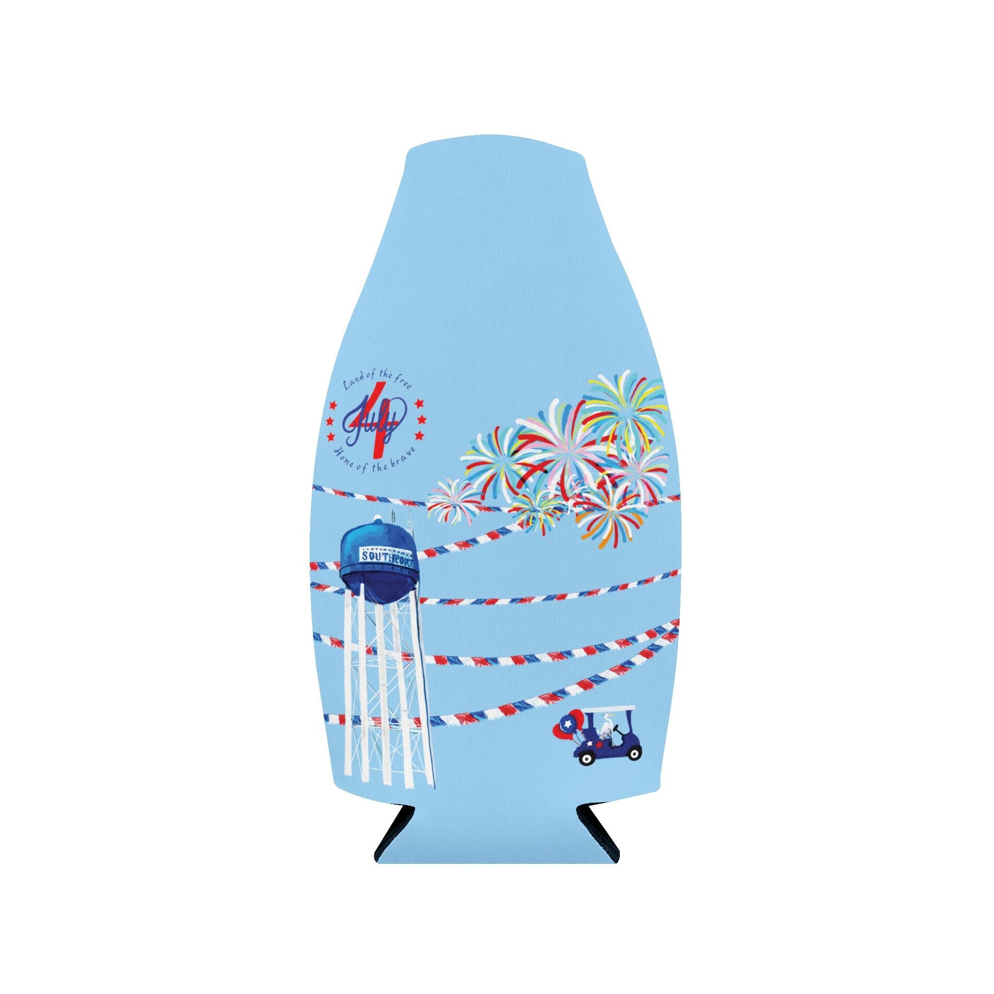 4th of July Zip - Up Bottle Cooler Sleeve — Fireworks & Water Tower Design - Blue Cava