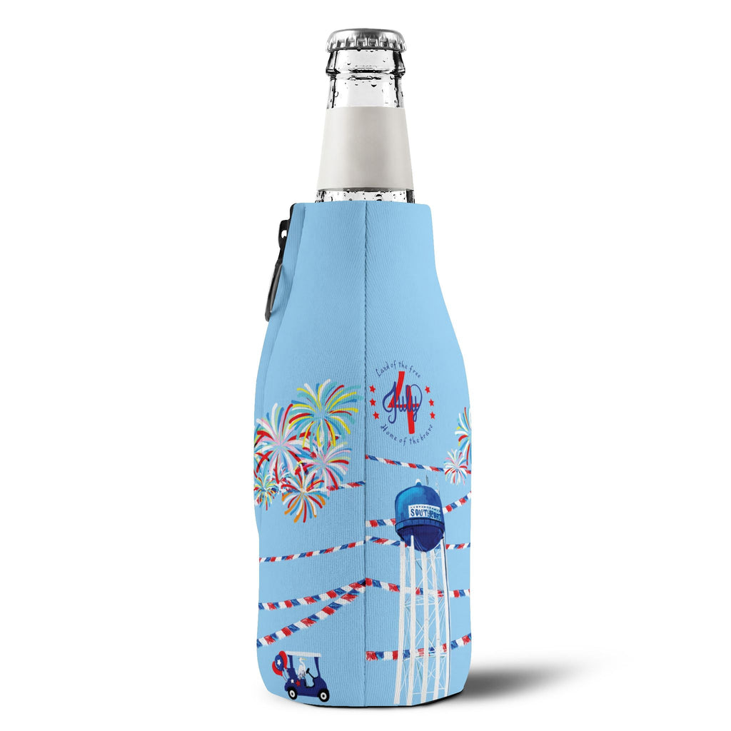 4th of July Zip - Up Bottle Cooler Sleeve — Fireworks & Water Tower Design - Blue Cava