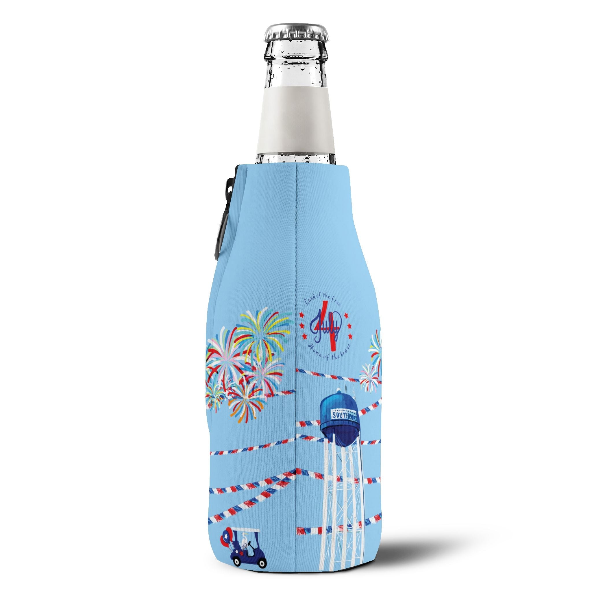 4th of July Zip - Up Bottle Cooler Sleeve — Fireworks & Water Tower Design - Blue Cava