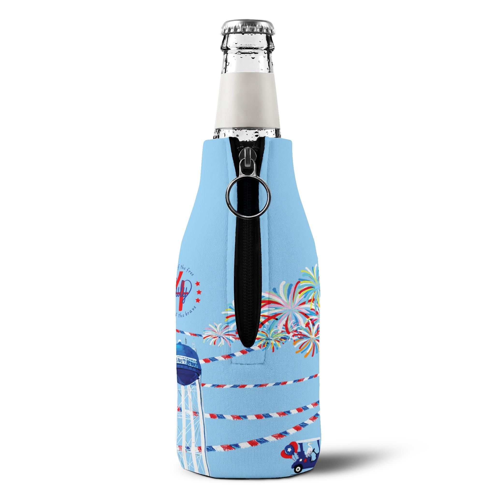 4th of July Zip - Up Bottle Cooler Sleeve — Fireworks & Water Tower Design - Blue Cava