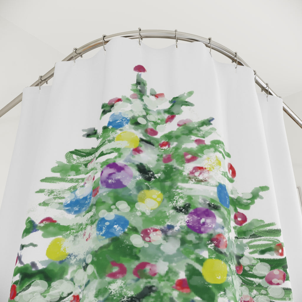 Watercolor Merry Christmas Tree Shower Curtain