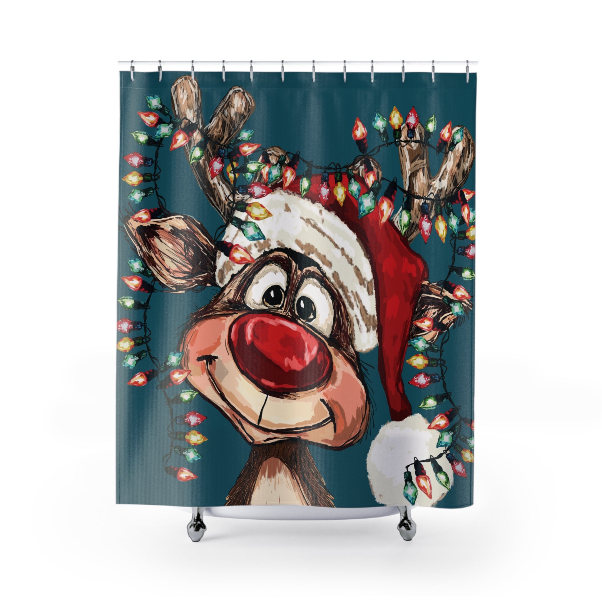 Shower curtain with a reindeer wearing a Santa hat and surrounded by Christmas lights on a blue background.