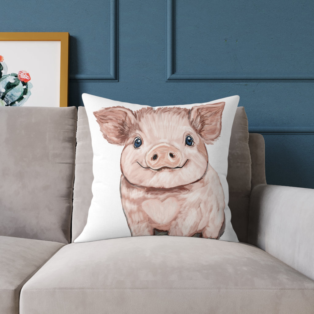 Adorable Piglet Square Pillow - Farmhouse Decor - Blue Cava