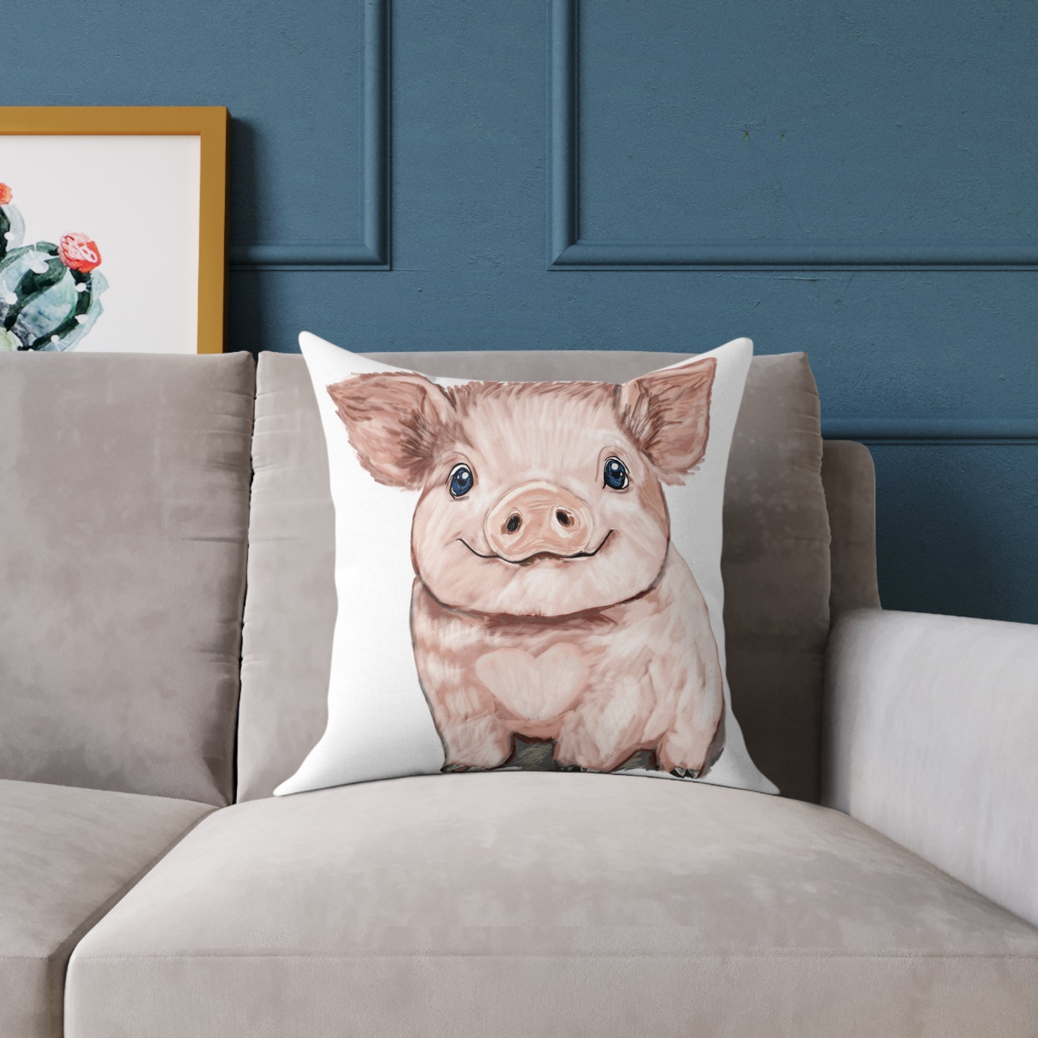 Adorable Piglet Square Pillow - Farmhouse Decor - Blue Cava