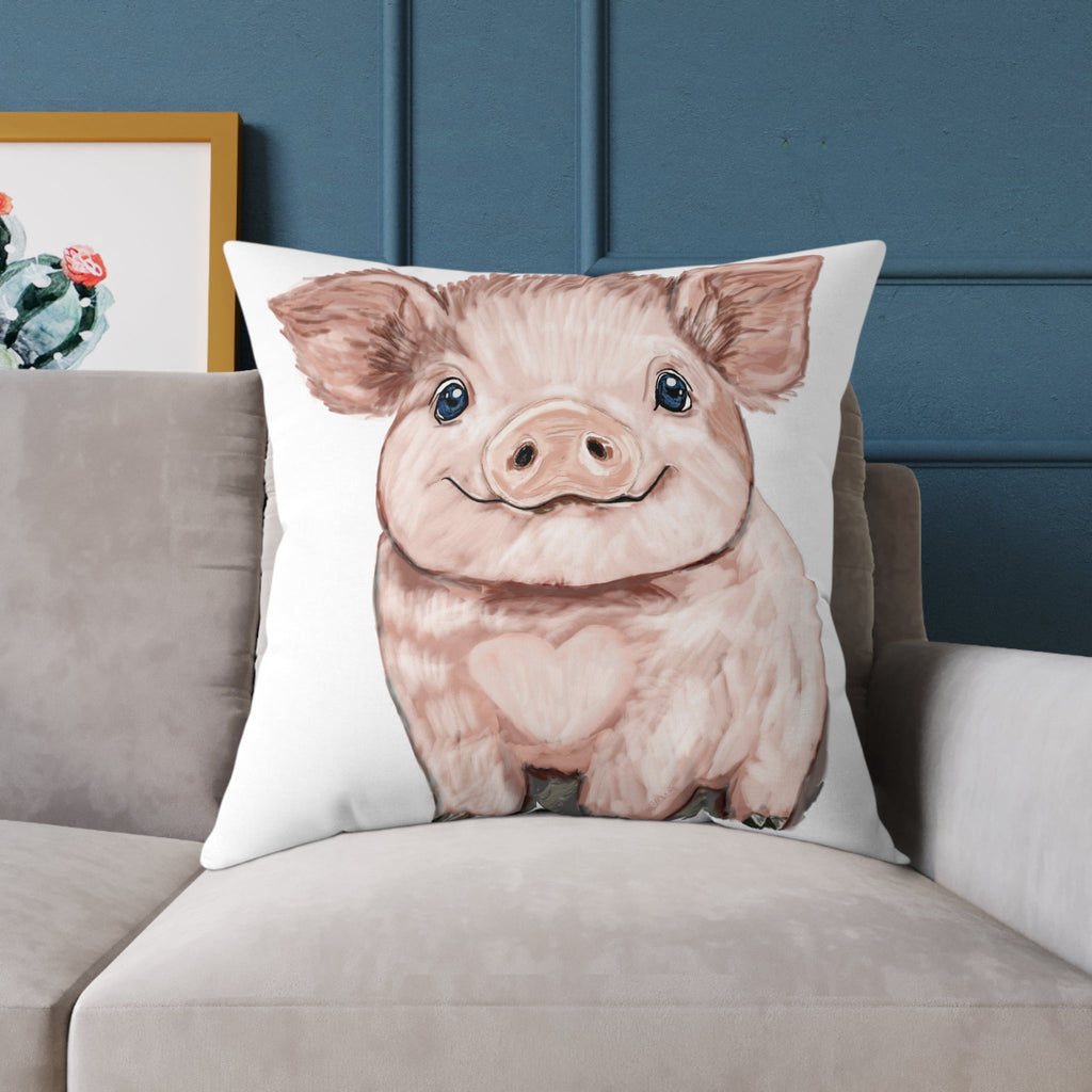 Adorable Piglet Square Pillow - Farmhouse Decor - Blue Cava