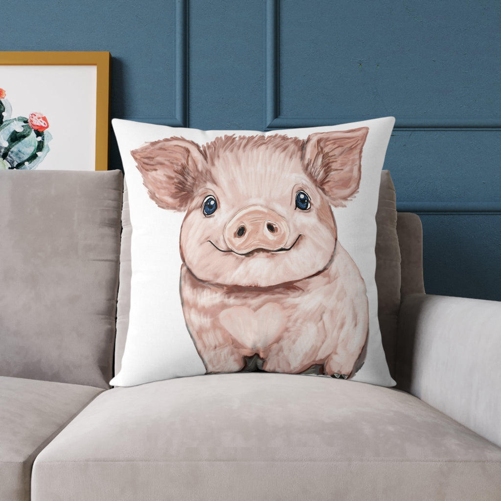 Adorable Piglet Square Pillow - Farmhouse Decor - Blue Cava