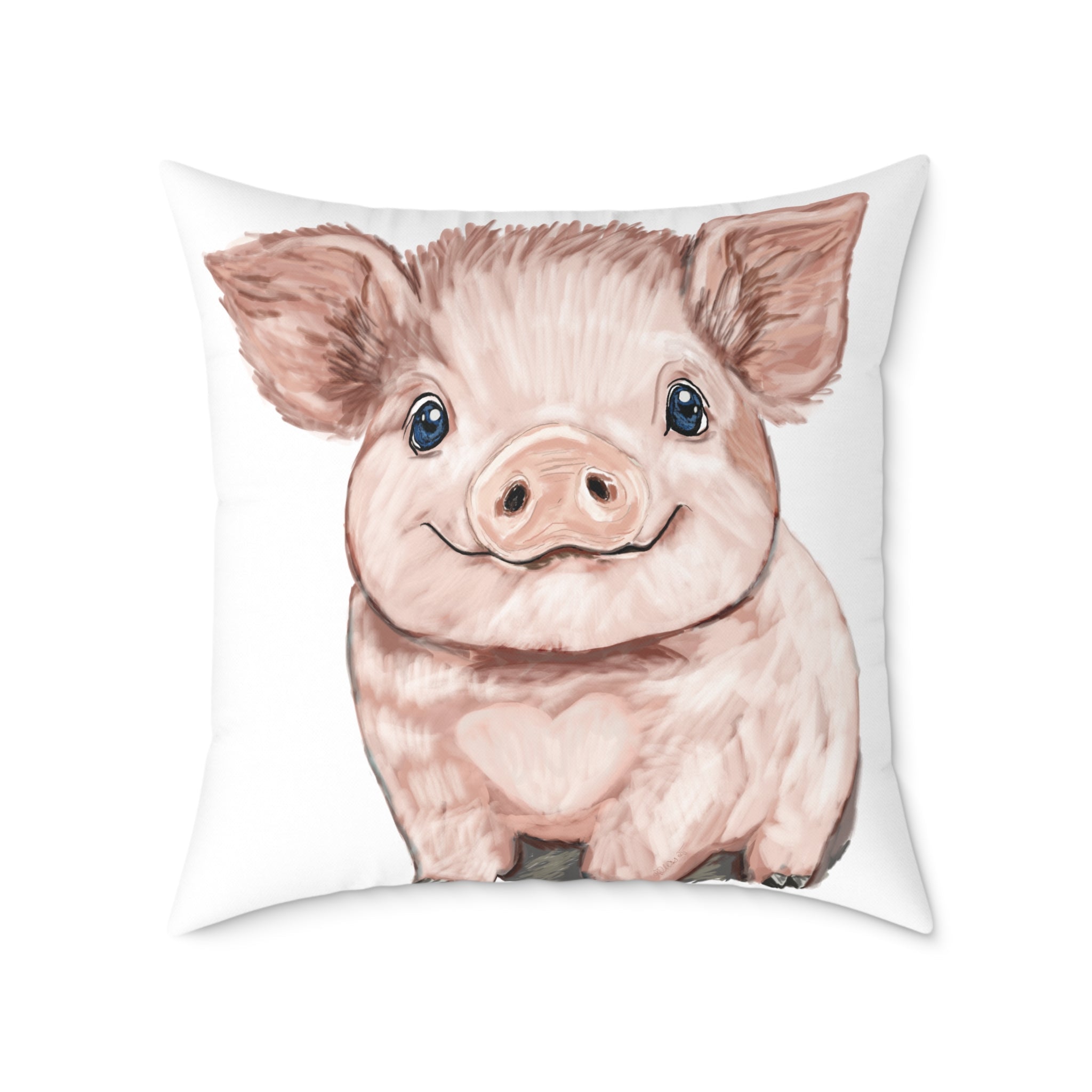 Adorable Piglet Square Pillow - Farmhouse Decor - Blue Cava