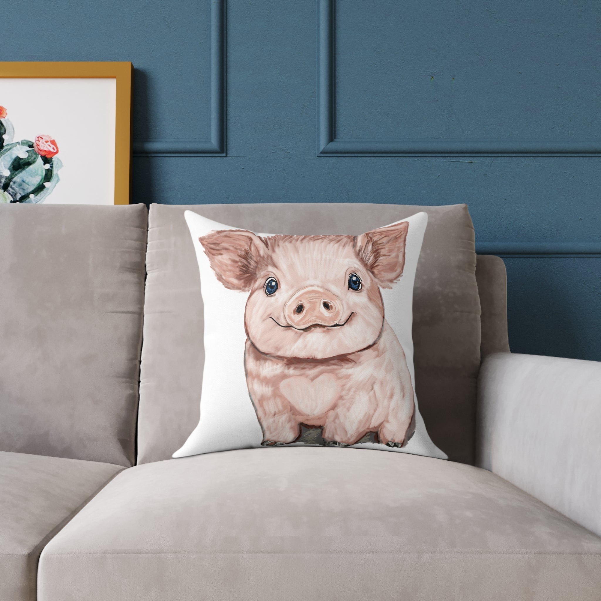 Adorable Piglet Square Pillow - Farmhouse Decor - Blue Cava