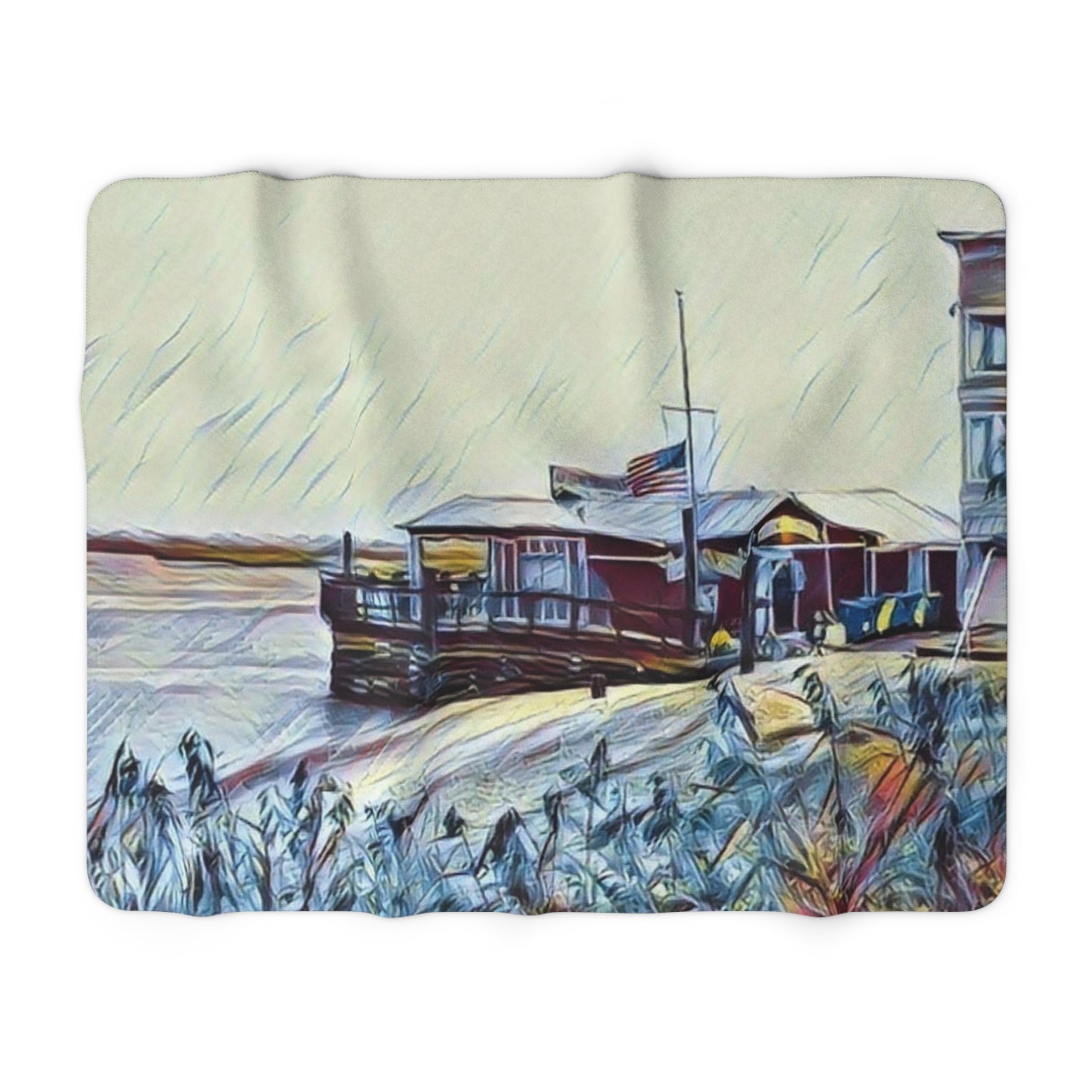 American Fish Company Southport, NC Sherpa Blanket — Coastal Throw Blanket - Blue Cava