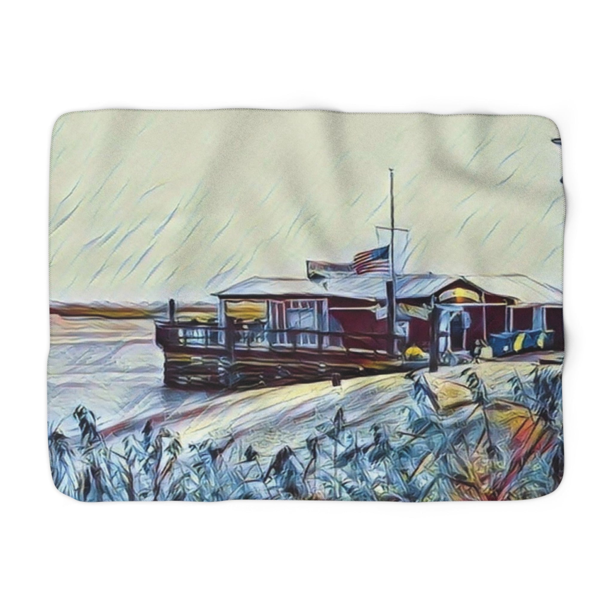 American Fish Company Southport, NC Sherpa Blanket — Coastal Throw Blanket - Blue Cava