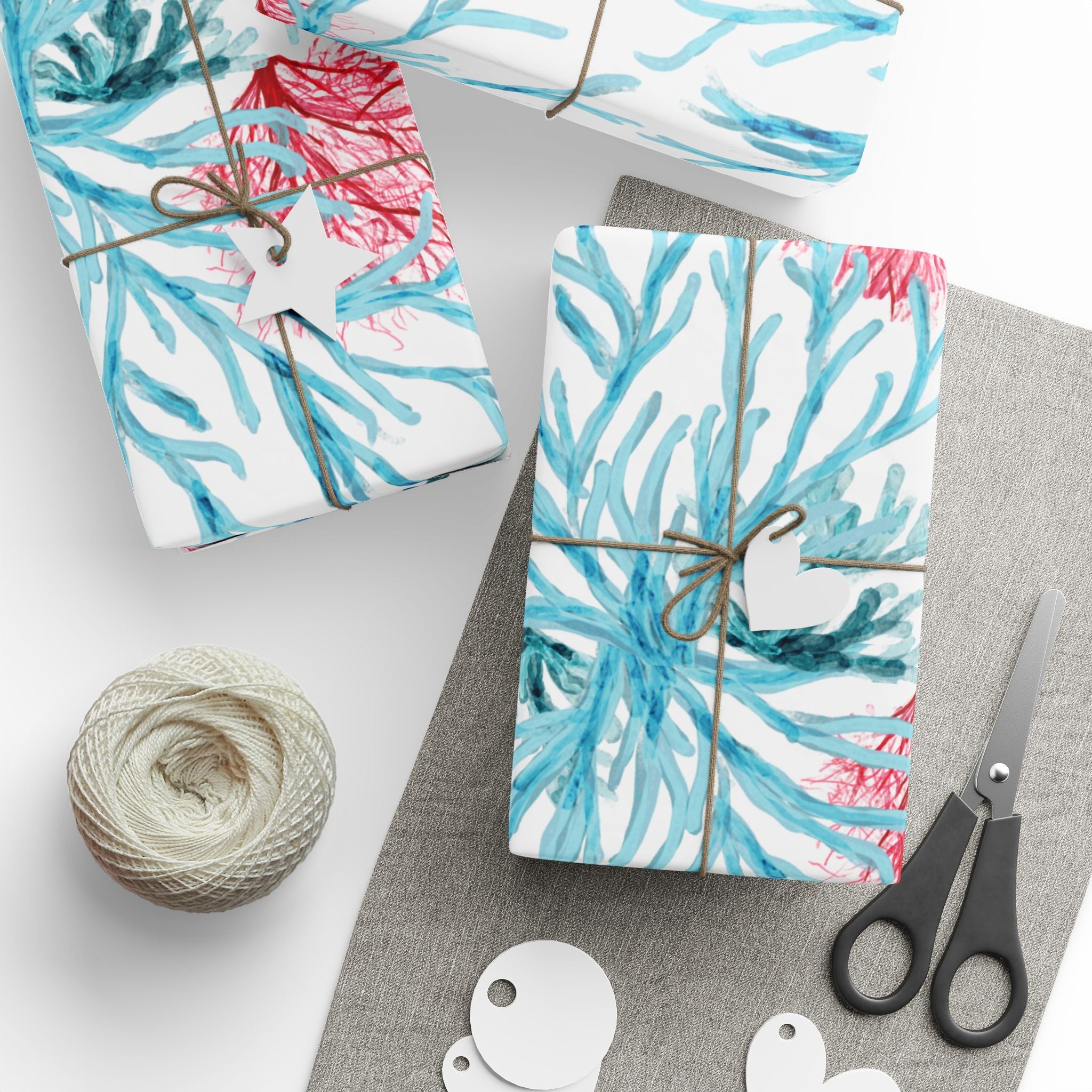 Aquatic Coral Wrapping Paper - Vibrant Coral Design for Gifting - Blue Cava