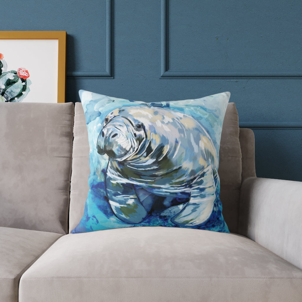 Artistic Manatee Pillow, Nautical Home Accent, Coastal Throw Pillow - 16”, 18”, 20”, 24” 26” - Blue Cava