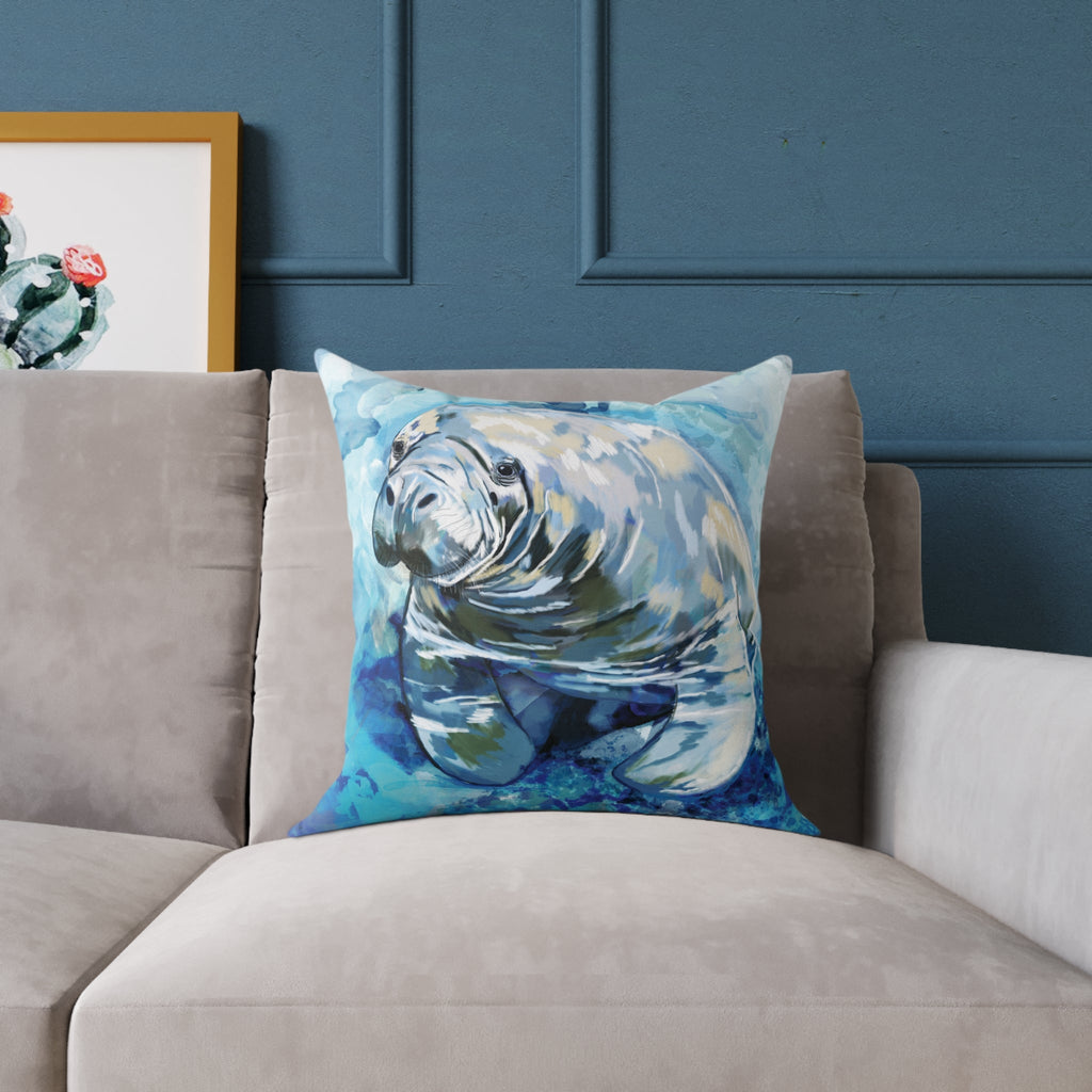 Artistic Manatee Pillow, Nautical Home Accent, Coastal Throw Pillow - 16”, 18”, 20”, 24” 26” - Blue Cava