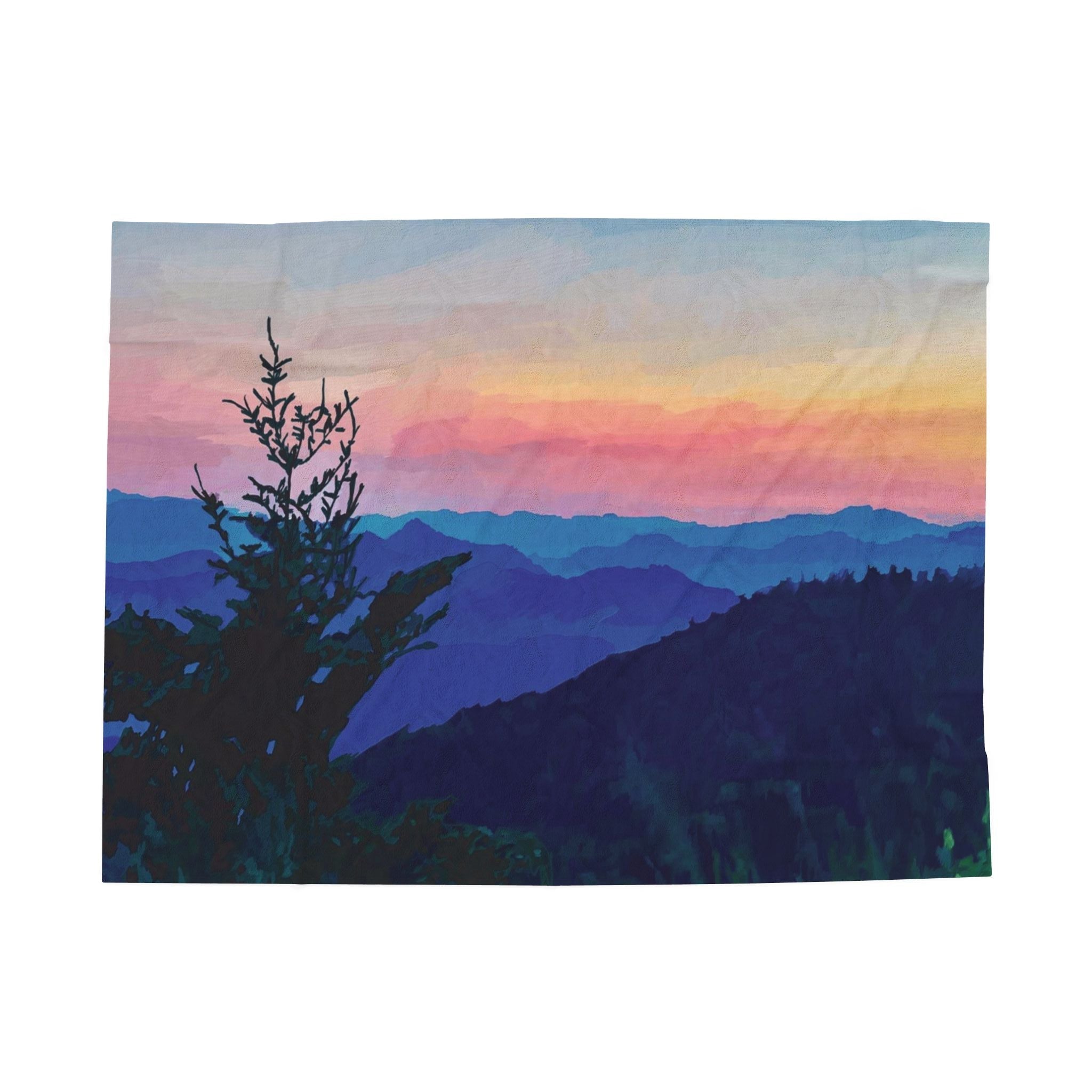 Asheville, NC Sunset Mountain Velveteen Plush Blankets - Blue Cava