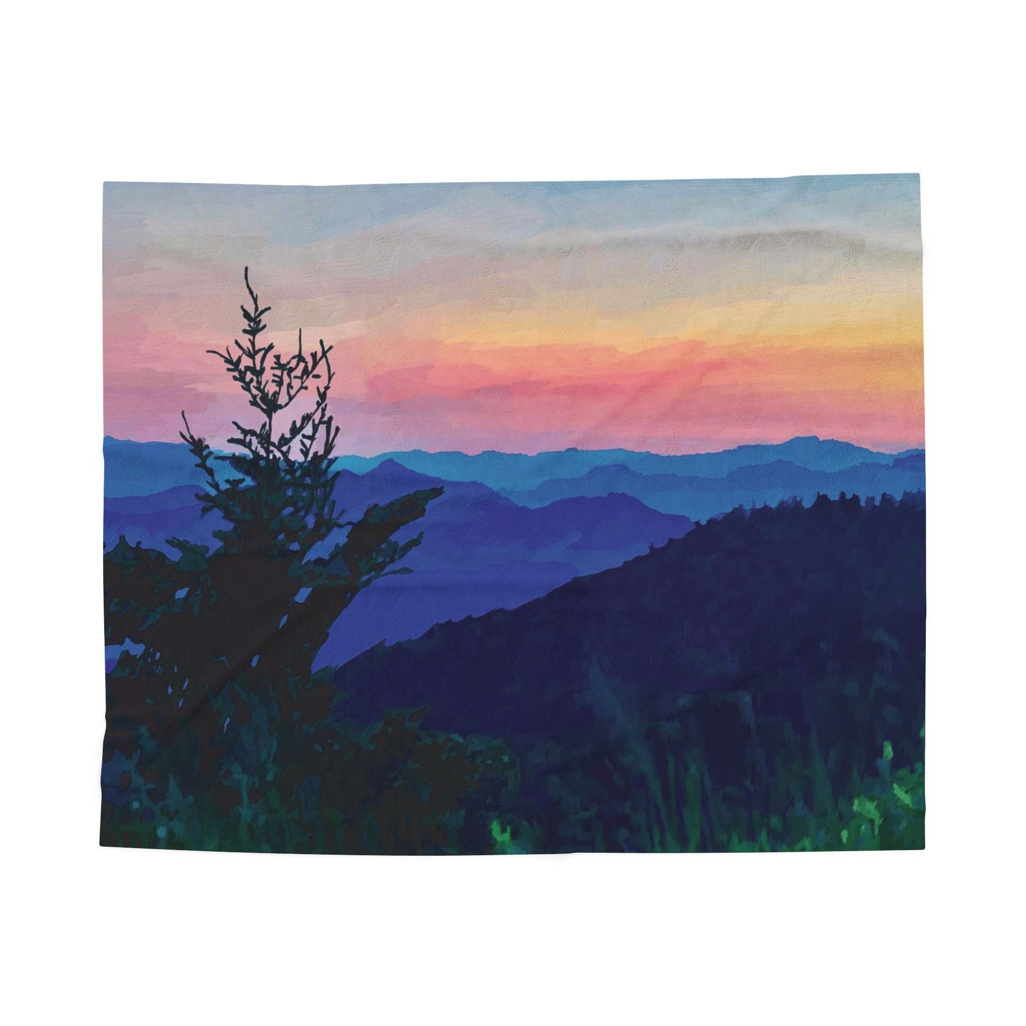 Asheville, NC Sunset Mountain Velveteen Plush Blankets - Blue Cava
