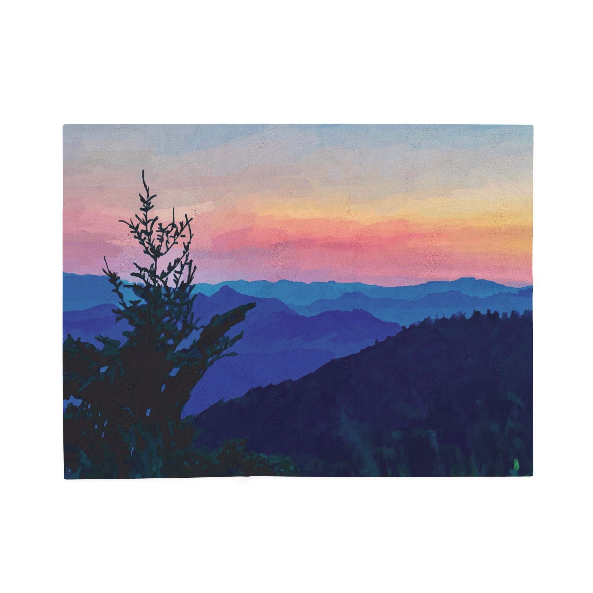 Asheville, NC Sunset Mountain Velveteen Plush Blankets - Blue Cava