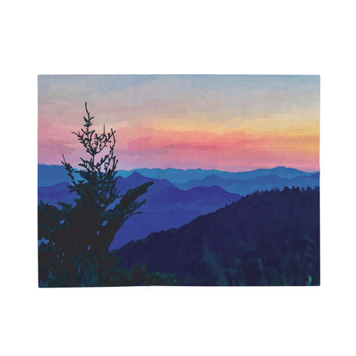 Asheville, NC Sunset Mountain Velveteen Plush Blankets - Blue Cava