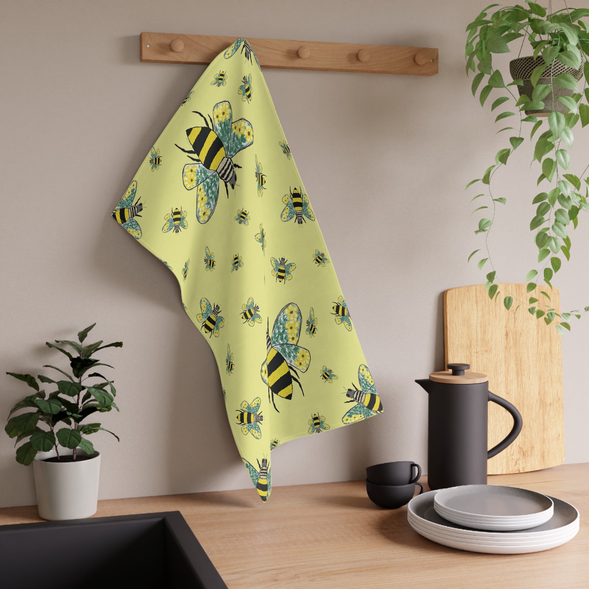 Bee Flower Cotton Kitchen Tea Towels 18 x 30 in cotton twill or polyester- Blue Cava