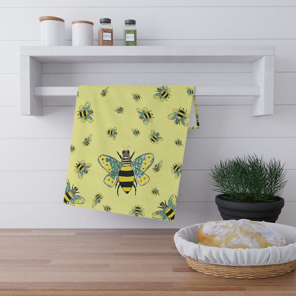 Bee Flower Cotton Kitchen Tea Towels 18 x 30 in cotton twill or polyester- Blue Cava