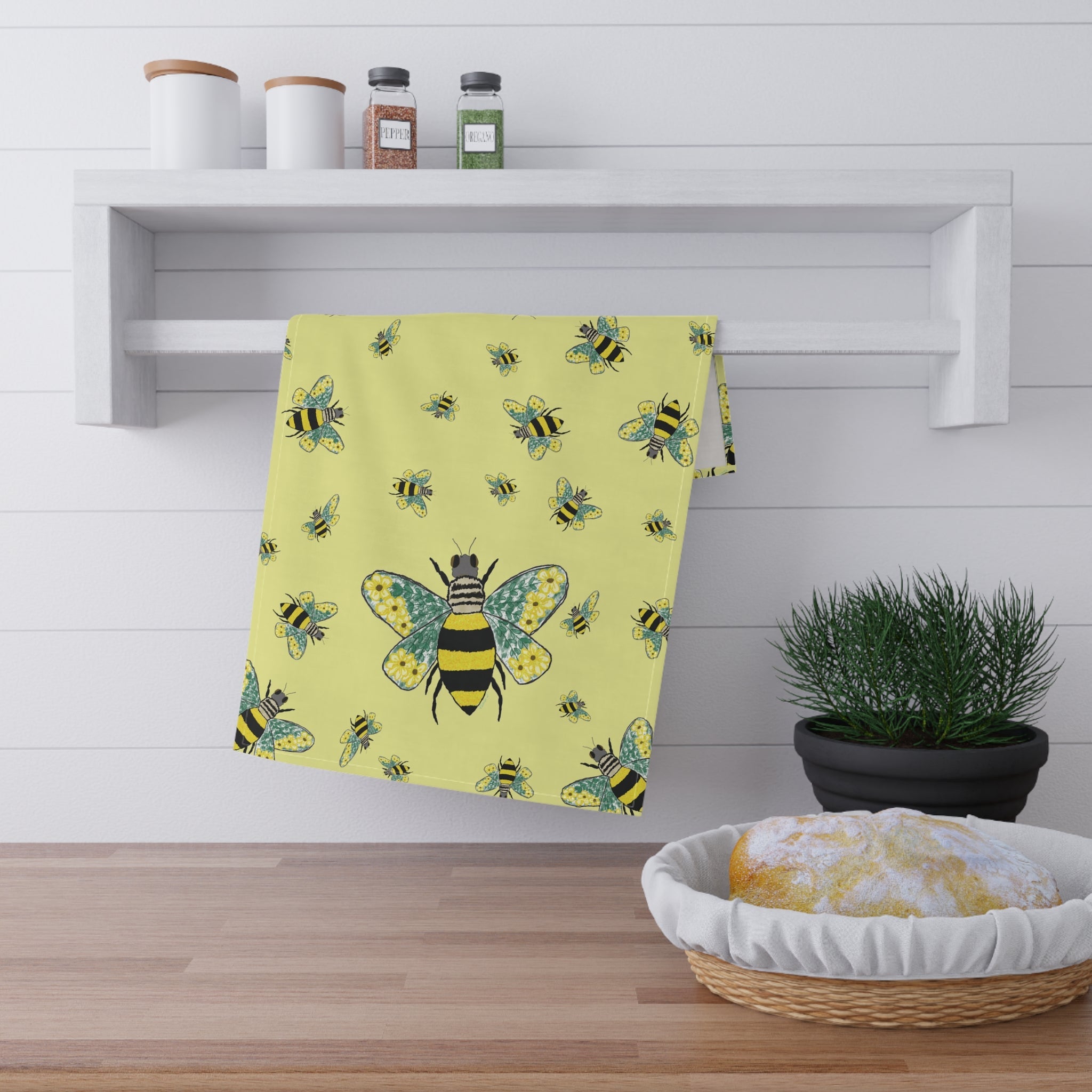 Bee Flower Cotton Kitchen Tea Towels 18 x 30 in cotton twill or polyester- Blue Cava