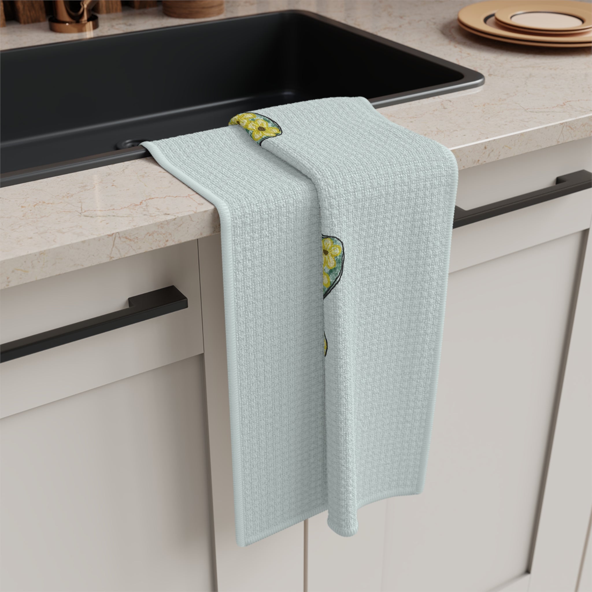 Bee Flower Microfiber Waffle Kitchen Towel - Blue Cava