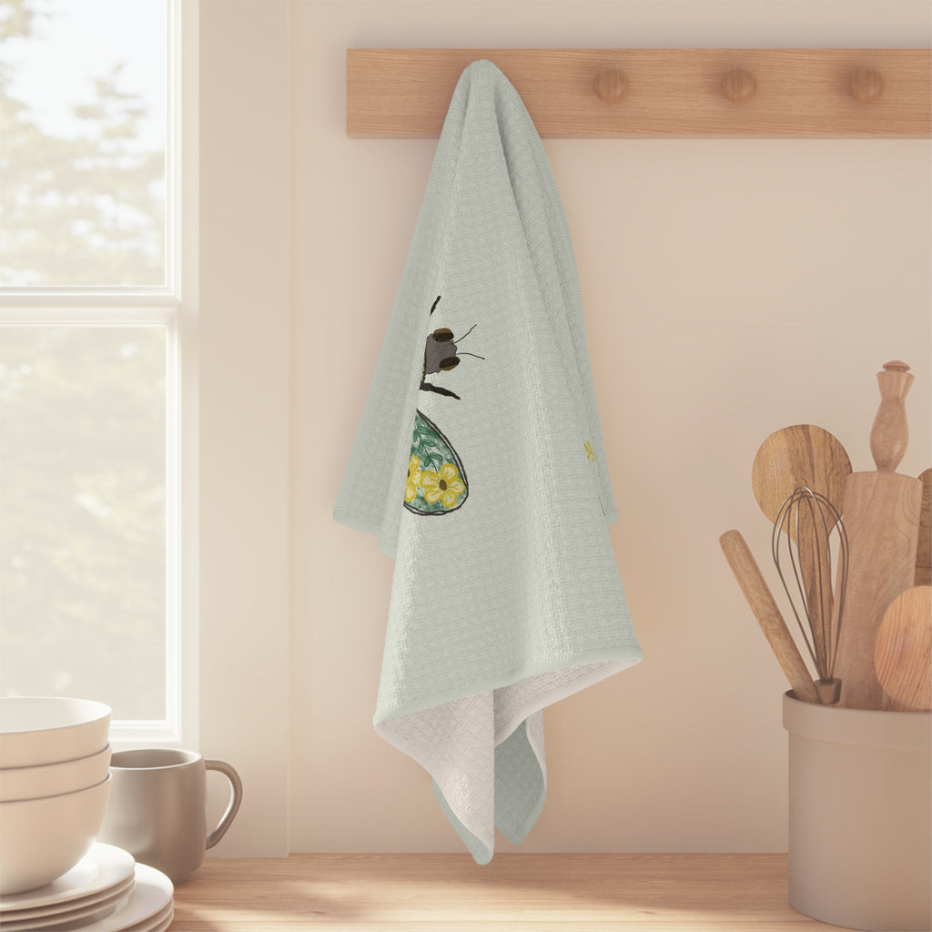 Bee Flower Microfiber Waffle Kitchen Towel - Blue Cava