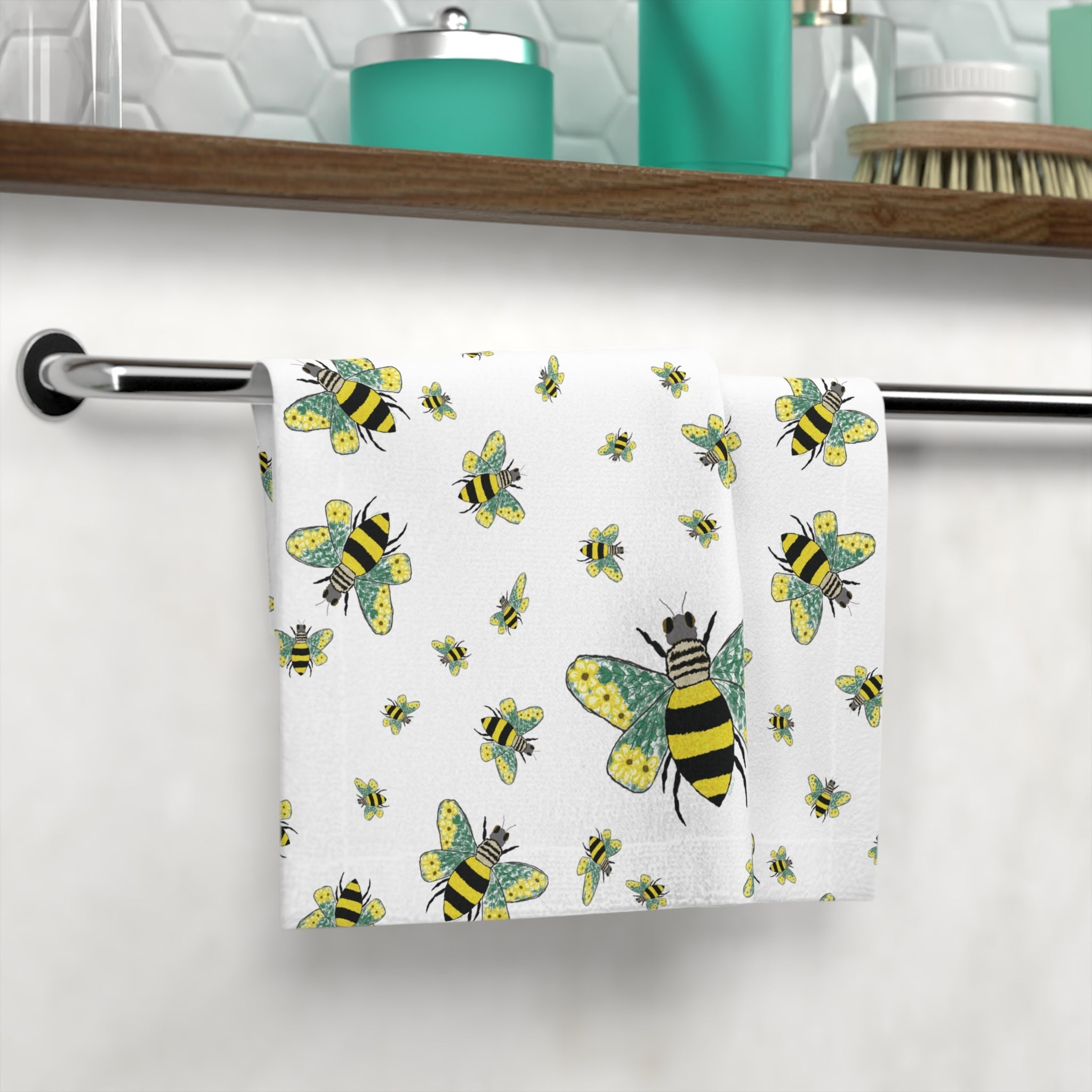 Bee Flower Washcloth Towel — Cute Yellow & Black Bumblebee - Blue Cava