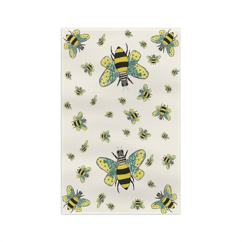 Bee Flowers Microfiber Waffle Kitchen Towel - Blue Cava