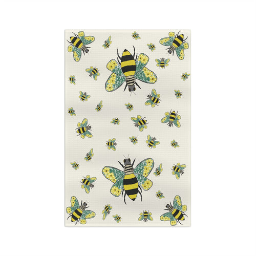 Bee Flowers Microfiber Waffle Kitchen Towel - Blue Cava