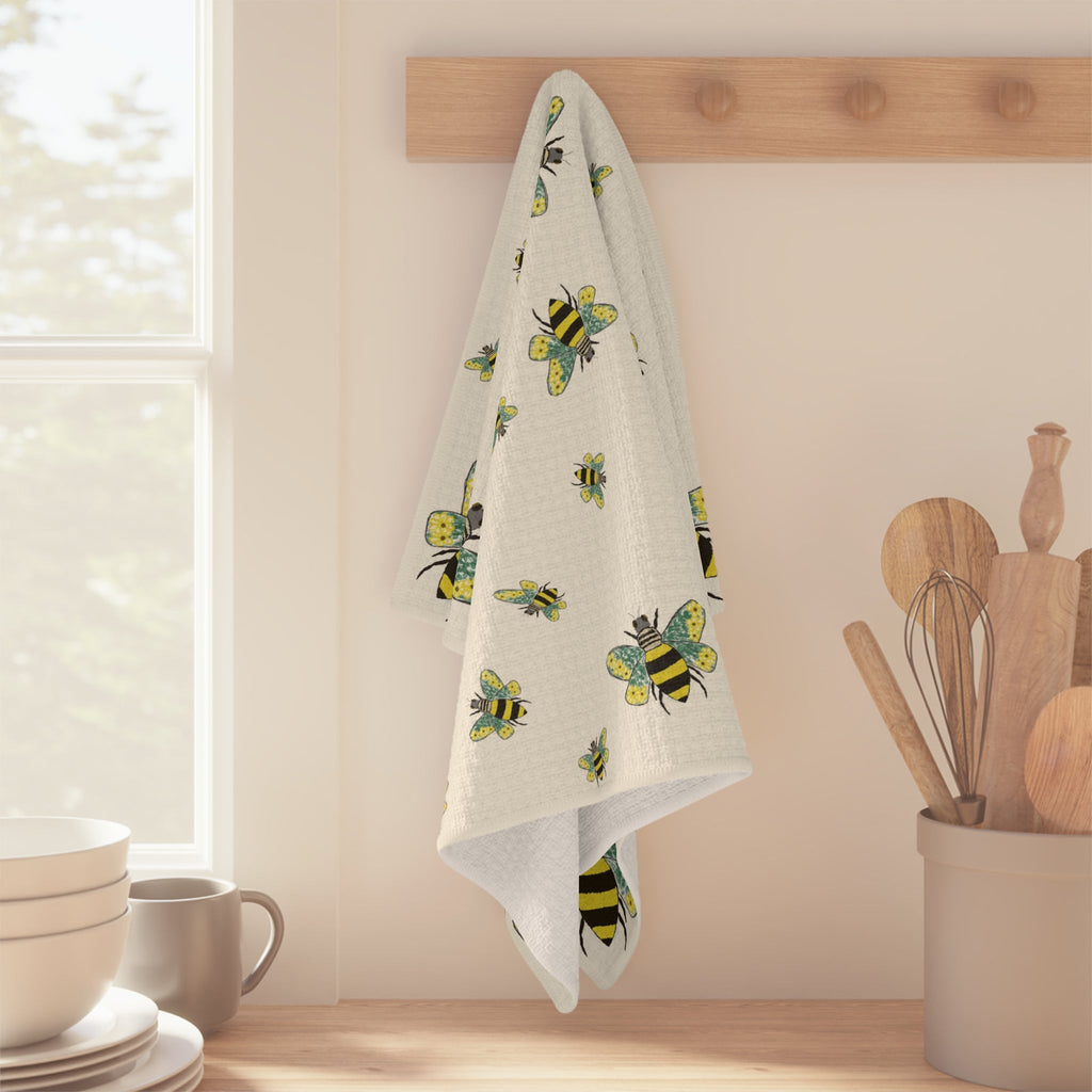 Bee Flowers Microfiber Waffle Kitchen Towel - Blue Cava
