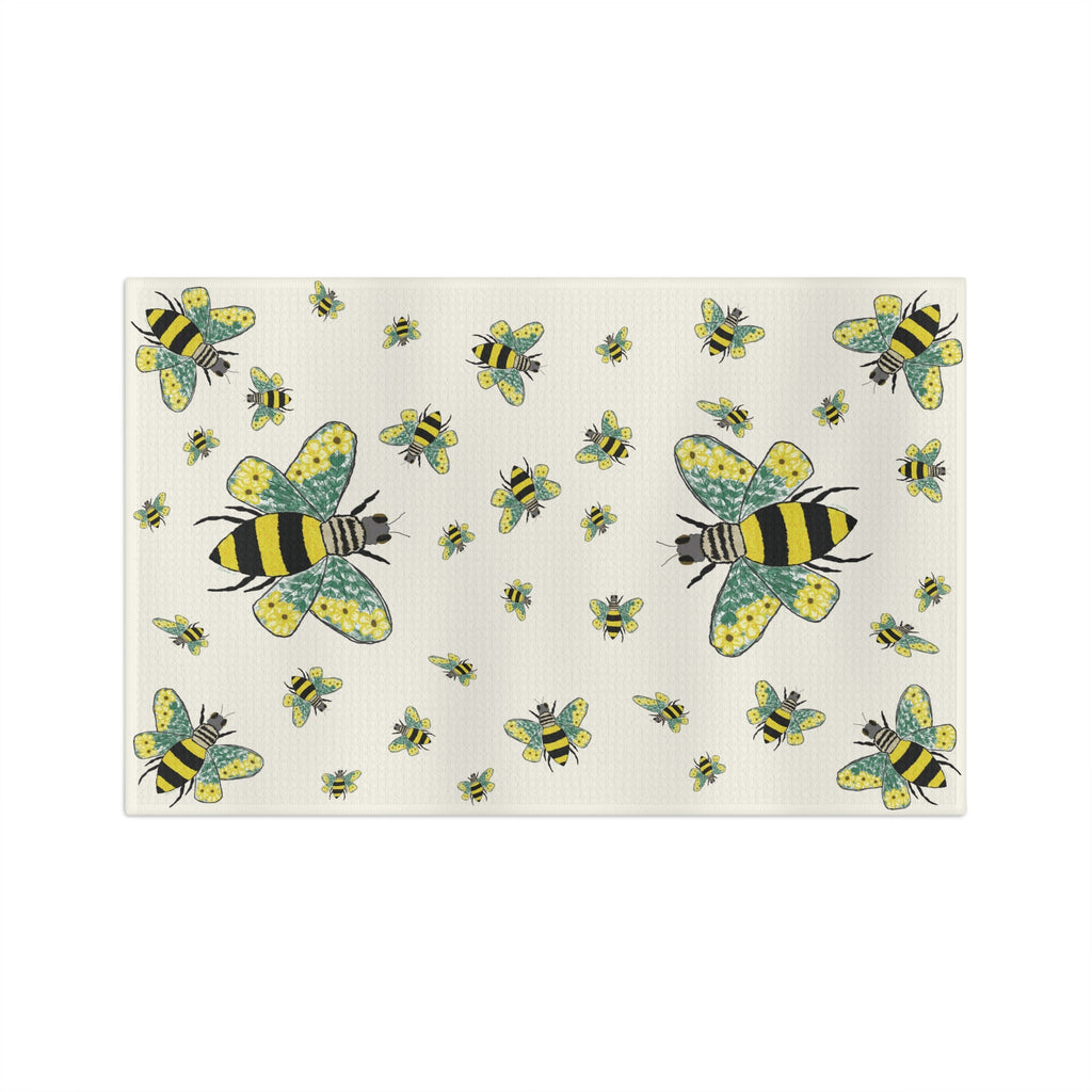Bee Flowers Microfiber Waffle Kitchen Towel - Blue Cava