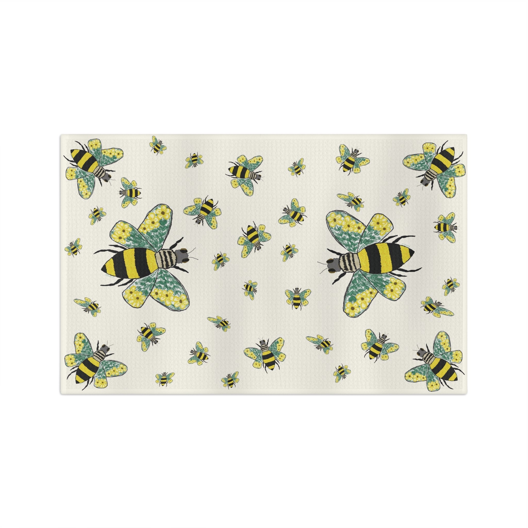 Bee Flowers Microfiber Waffle Kitchen Towel - Blue Cava
