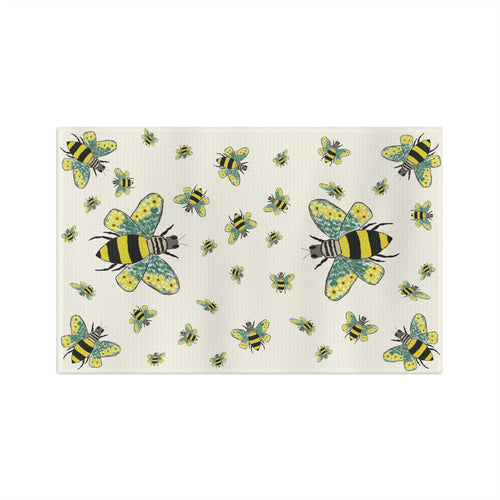 Bee Flowers Microfiber Waffle Kitchen Towel - Blue Cava