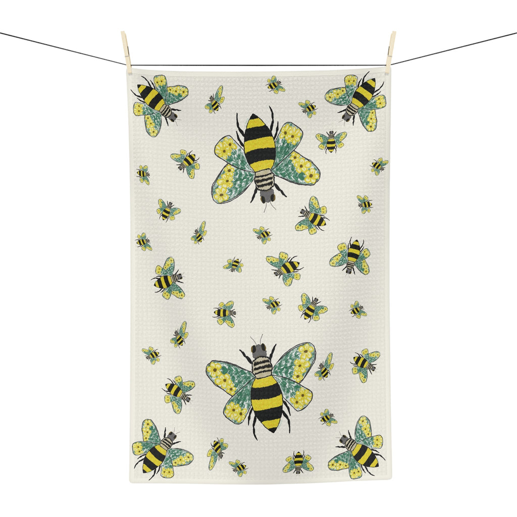 Bee Flowers Microfiber Waffle Kitchen Towel - Blue Cava