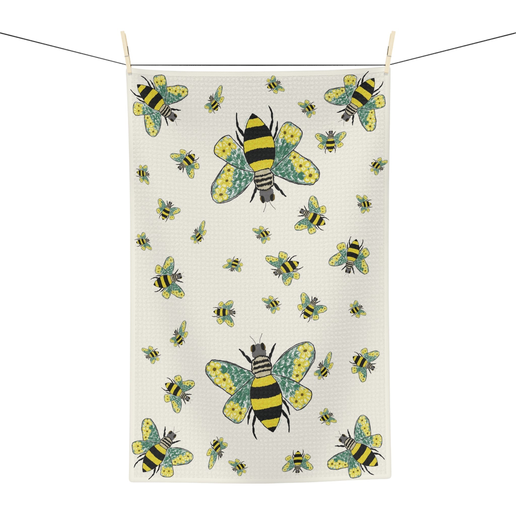 Bee Flowers Microfiber Waffle Kitchen Towel - Blue Cava